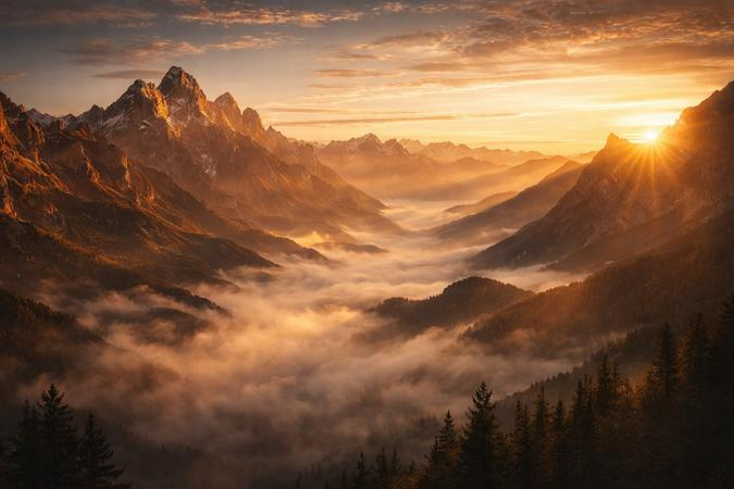Vivid mountain sunrise with snow-capped peaks, golden sun rays beaming over the ridges, and an open blue sky — the energy of a powerful new beginning